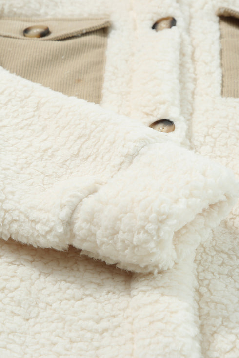 Contrast Flap Pocket Single Breasted Teddy Coat